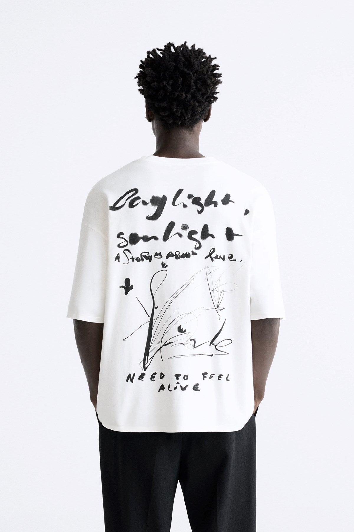 Bisiklet Yaka Bay Light Son Light Baskılı Beyaz Oversize Erkek T-shirt