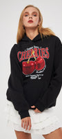 Kapüşonlu İçi Polar Cherries Yazılı Kiraz Baskılı Siyah Oversize Hoodie Sweatshirt