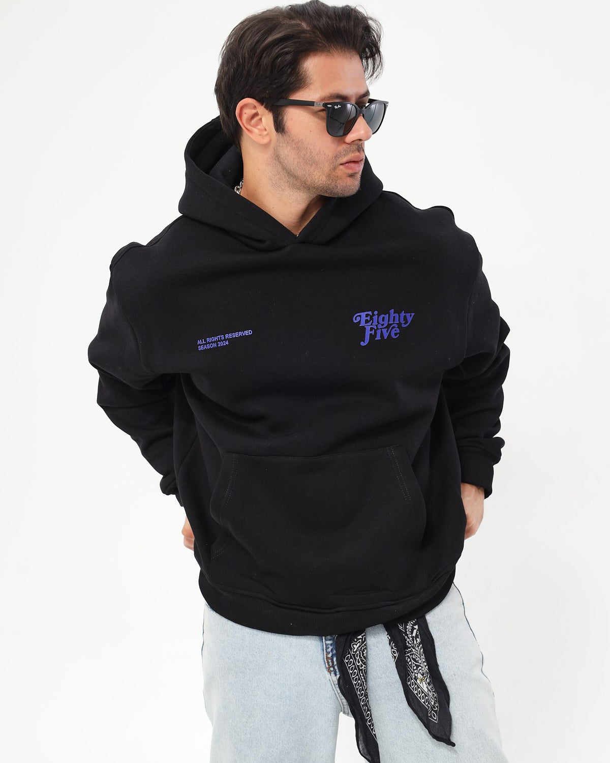 Kapüşonlu İçi Polar Eighty Five Yazı Baskılı Siyah Oversize Hoodie Sweatshirt