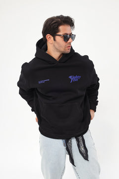 Erkek Kapüşonlu İçi Polar Eighty Five Yazı Baskılı Siyah Oversize Hoodie Sweatshirt