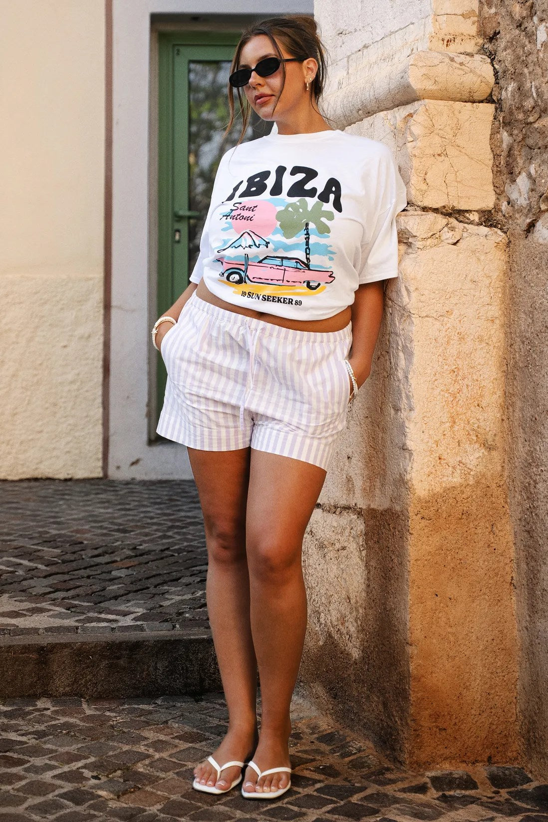 Büyük Beden Kadın Tişört %100 Pamuk Ibiza Baskılı Oversize Beyaz Yazlık