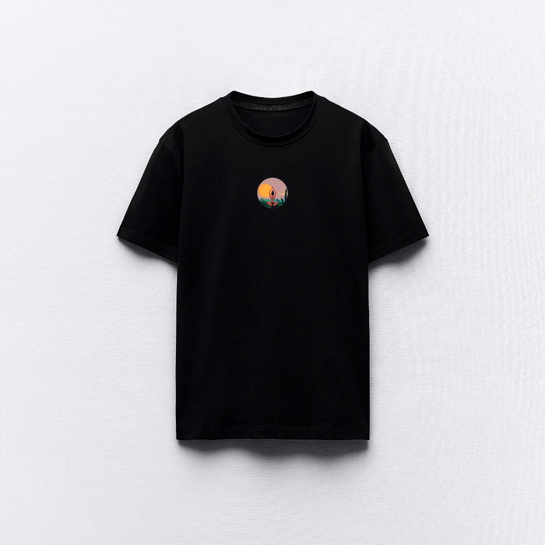 Yoga Art Manzara Tasarım Baskılı Siyah Kadın T-shirt