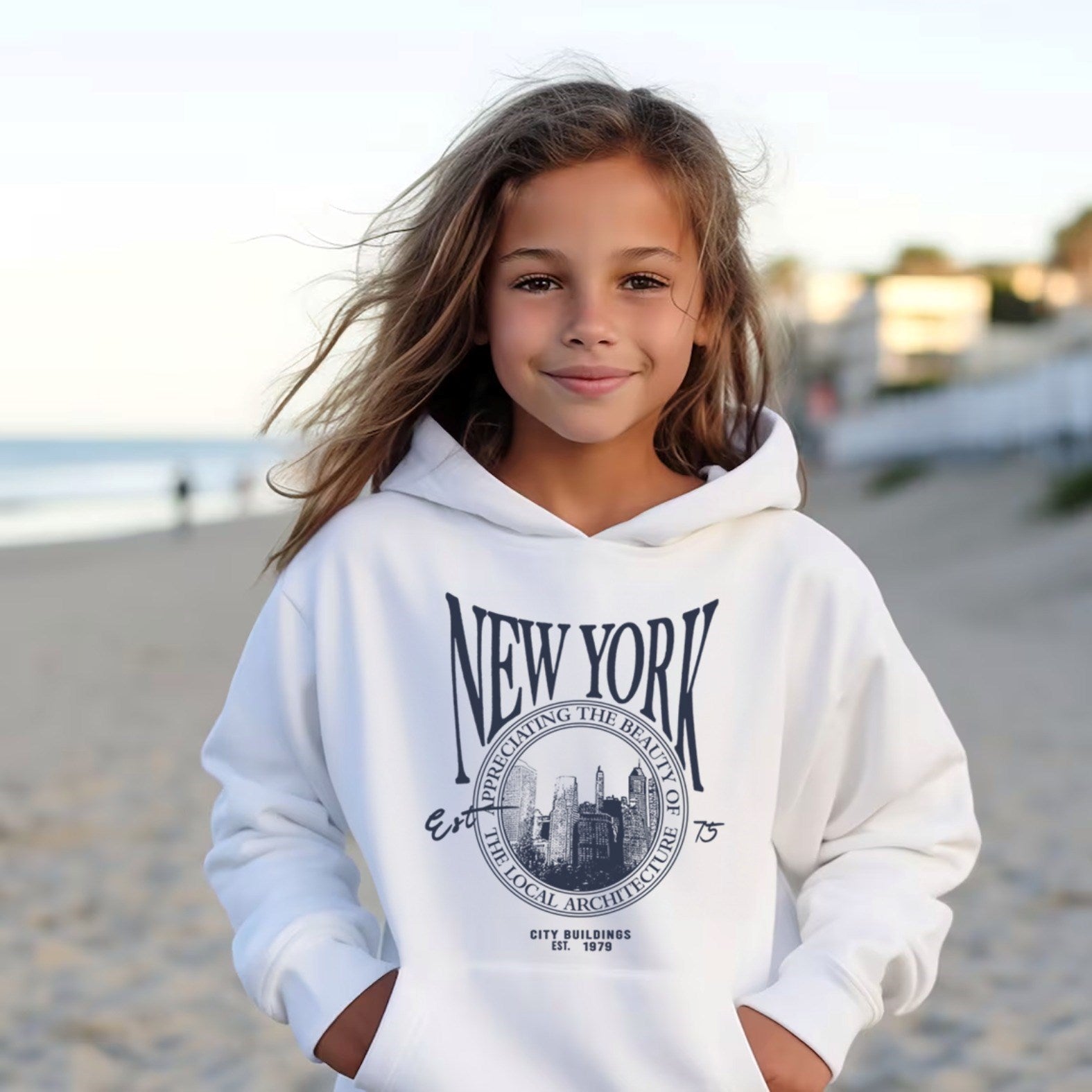 Kapüşonlu İçi Polar New York Yazı Baskılı Beyaz Unisex Çocuk Hoodie Sweatshirt