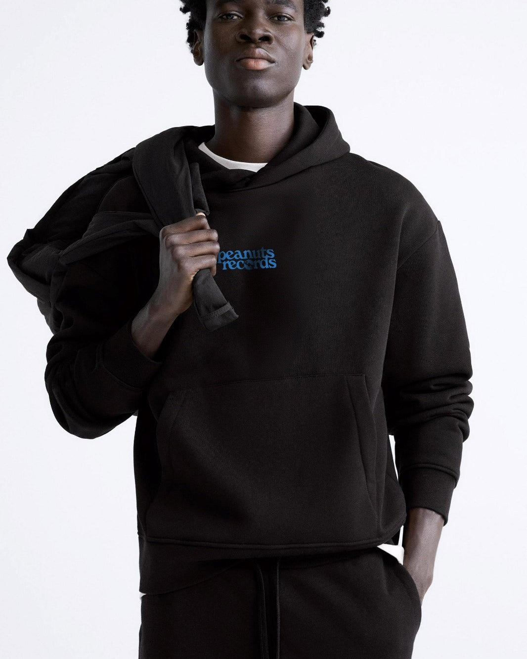 Kapüşonlu İçi Polar Peanuts Yazılı Snoopy Desen Baskılı Siyah Oversize Hoodie Sweatshirt