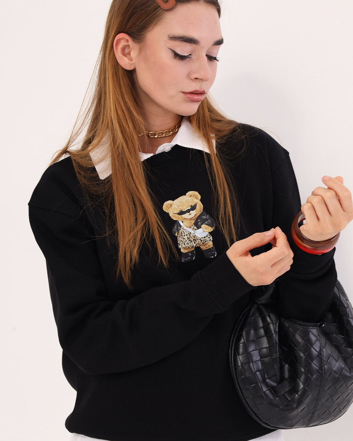 Bisklet Yaka İçi Polar Teddy Bear Leopar Baskılı Siyah Unisex Sweatshirt