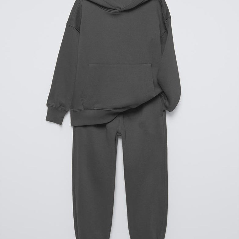 Füme Basic Kapüşonlu Kanguru Cepli Bel Ve Paça Lastikli Çocuk Oversize Eşofman Takımı