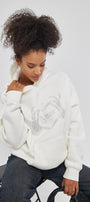 Amor Yazılı Taş Baskılı Kapüşonlu İçi Polar Oversize Beyaz Sweatshirt