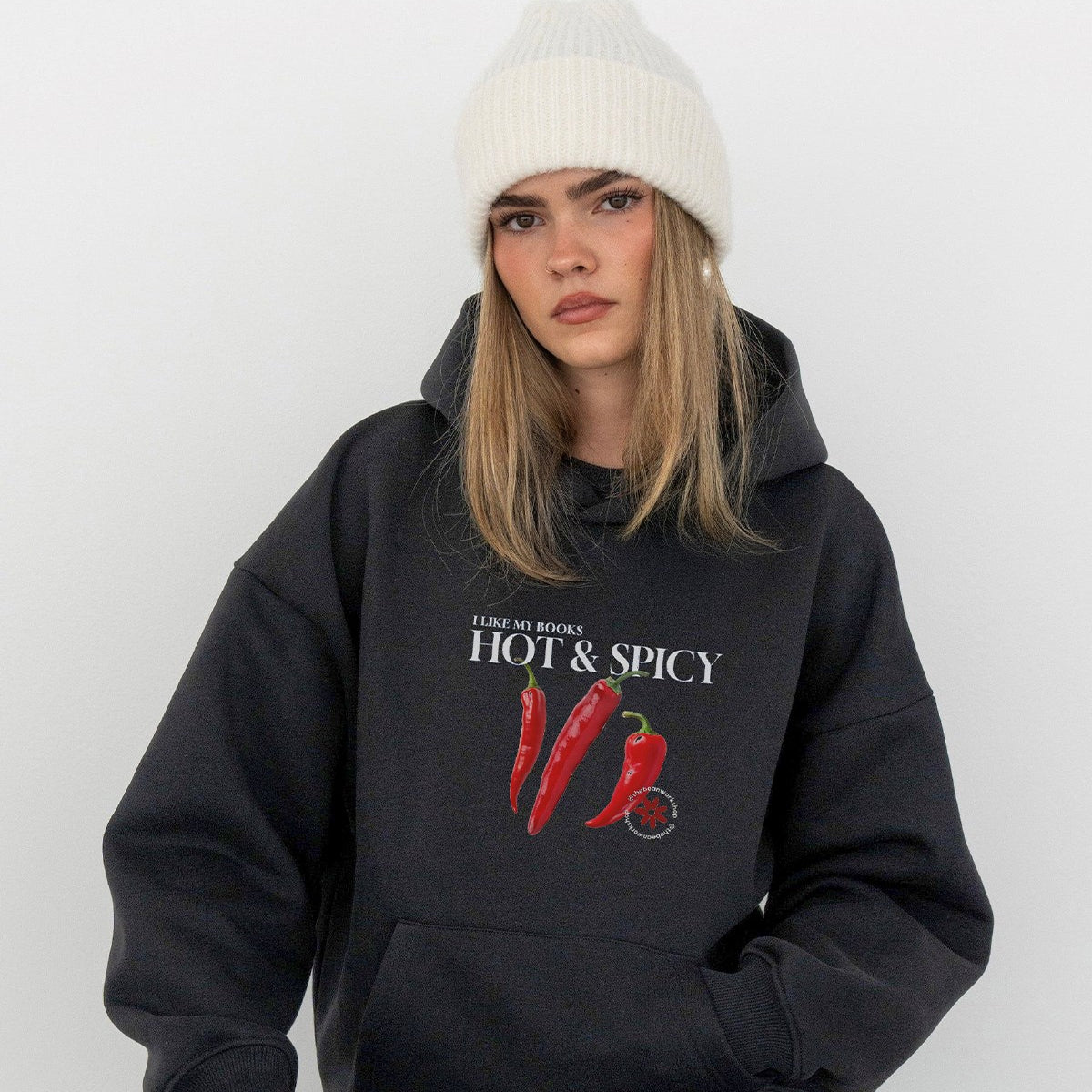 Kadın Oversize Sweatshirt Hoodie Hot & Spicy Baskılı Füme – Kapüşonlu, 3 İplik Şardonlu Polar