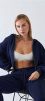 Kadın Oversize Zip Hoodie Lacivert – Fermuarlı, Kapüşonlu, Kangru Cep,  3 İplik Şardonlu Polar