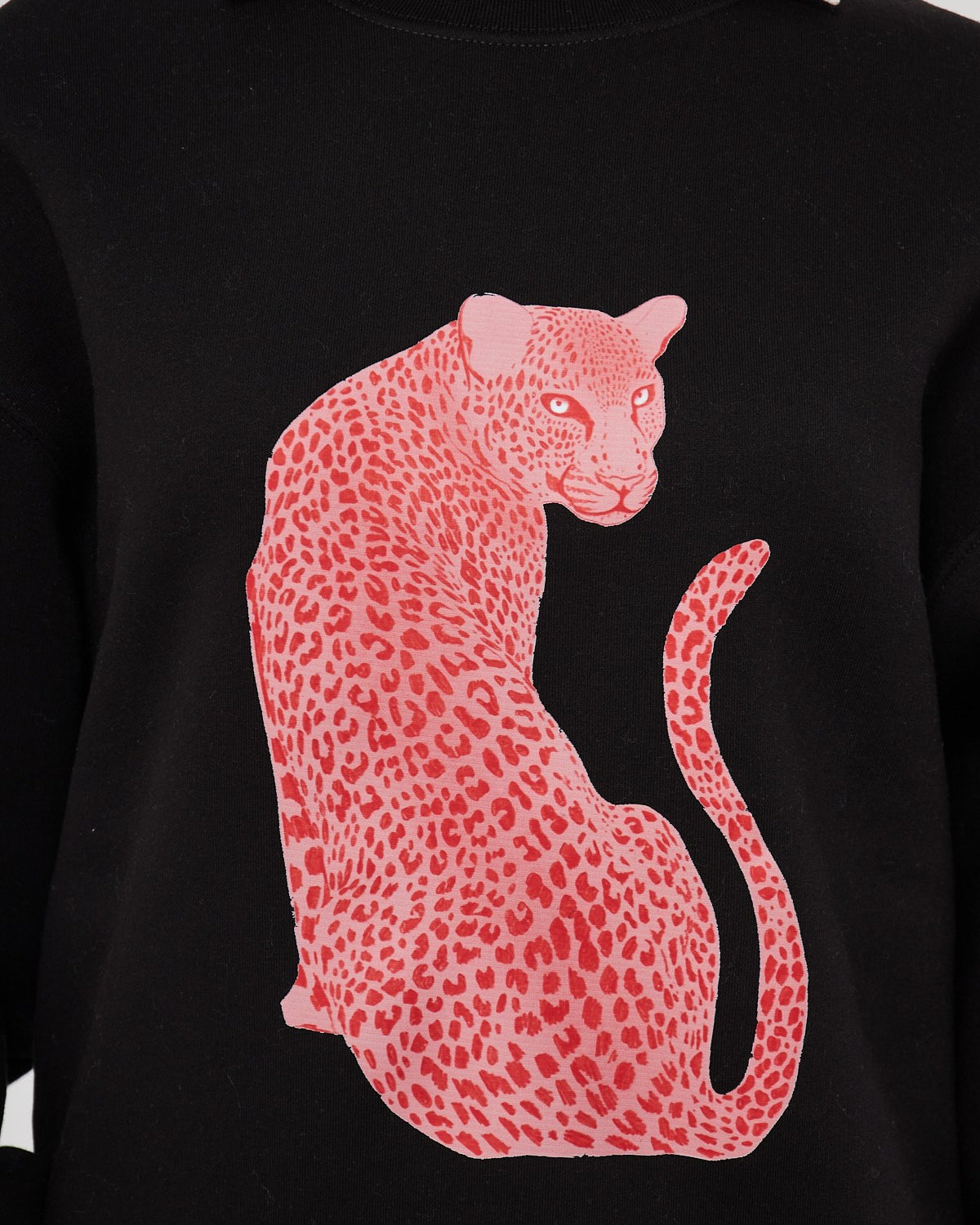 Bisiklet Yaka İçi Polar Leopar Baskılı Siyah Oversize Sweatshirt