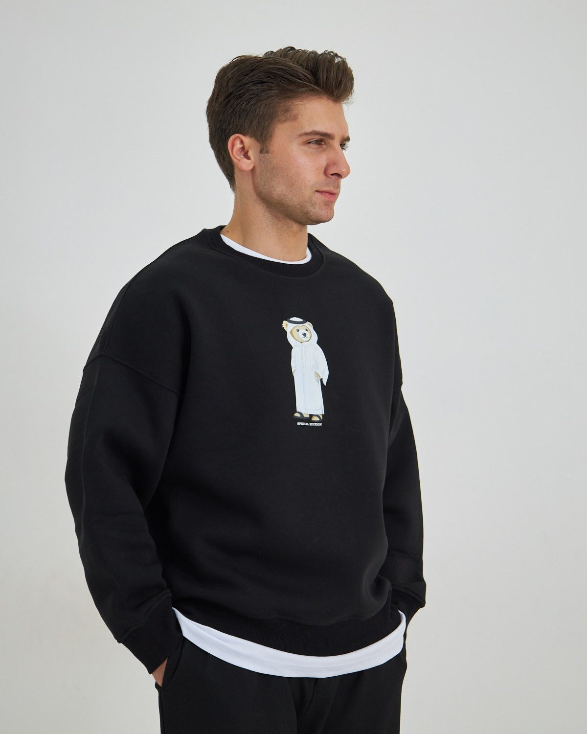 Erkek Special Edition Ayıcık Baskılı Siyah Tişört