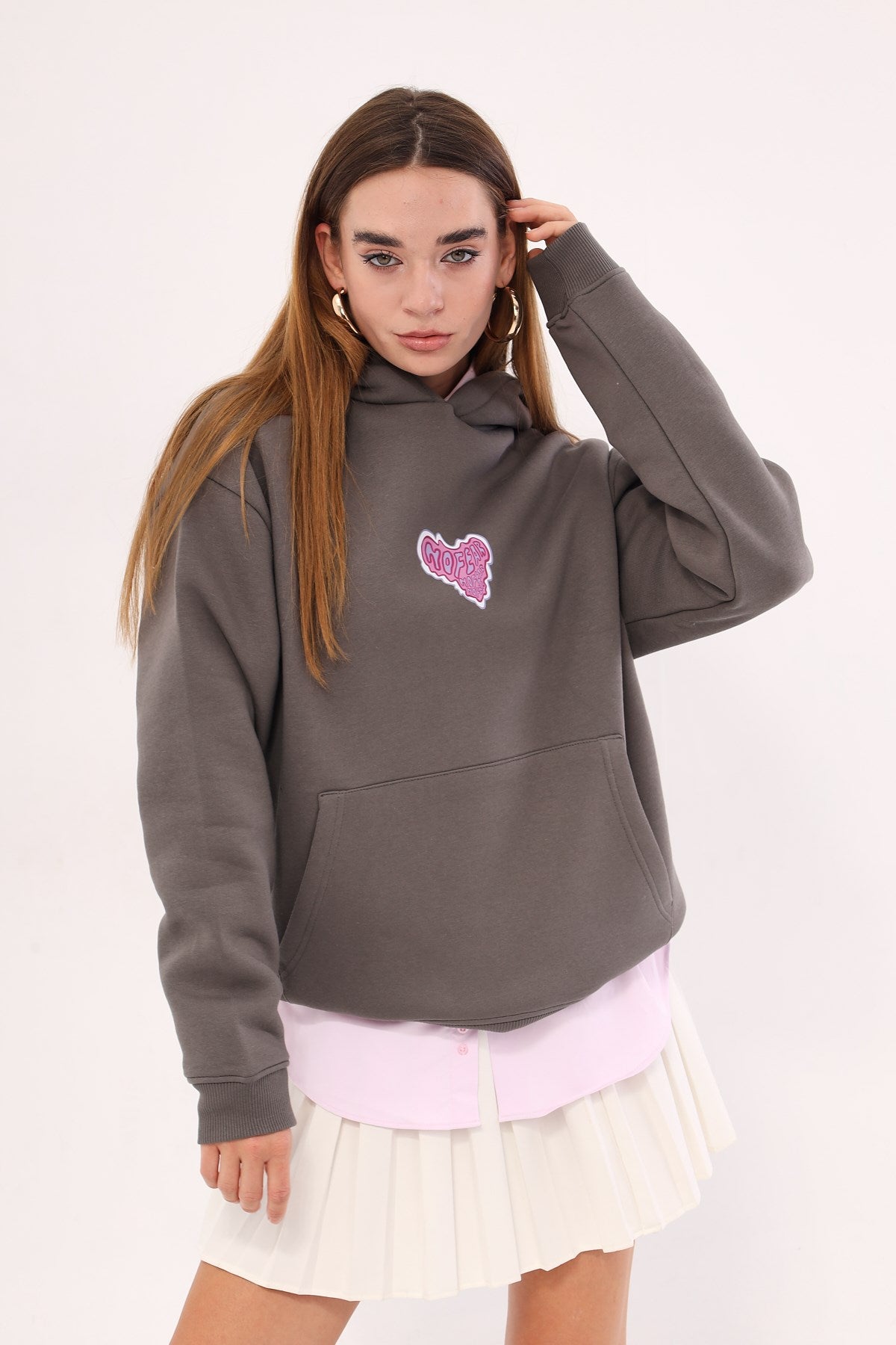 Kapüşonlu İçi Polar No Fear Baskılı Füme Unisex Oversize Hoodie Sweatshirt