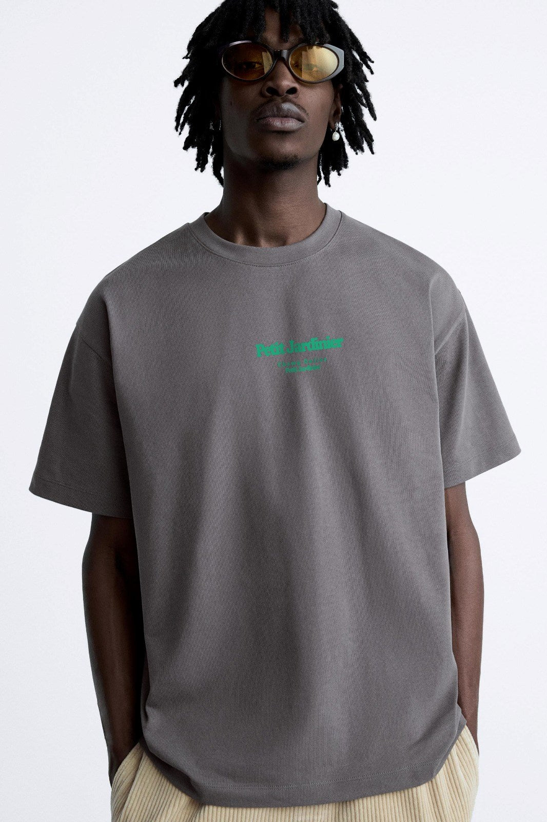 Bisiklet Yaka Petit Jardinier Baskılı Oversize Füme Erkek T-shirt