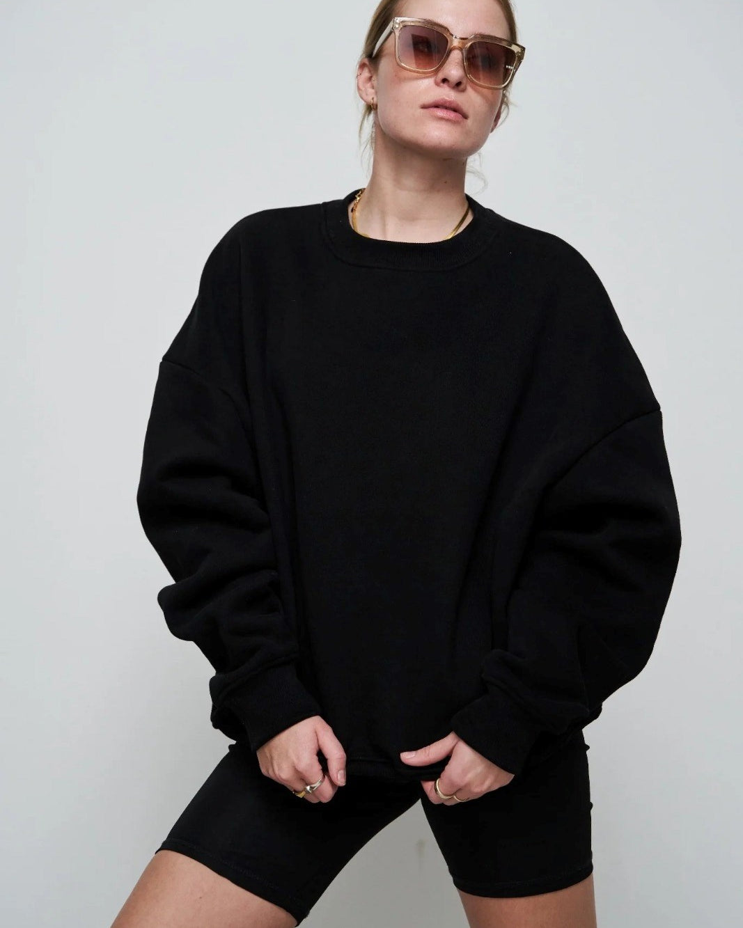 Bisiklet Yaka İçi Polar Siyah Unisex Oversize Sweatshirt