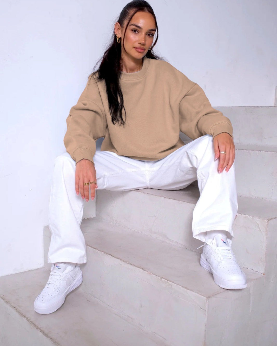 Bisiklet Yaka İçi Polar Bej Unisex Oversize Sweatshirt