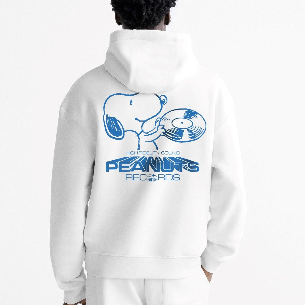 Kapüşonlu İçi Polar Peanuts Yazılı Snoopy Desen Baskılı Beyaz Oversize Hoodie Sweatshirt