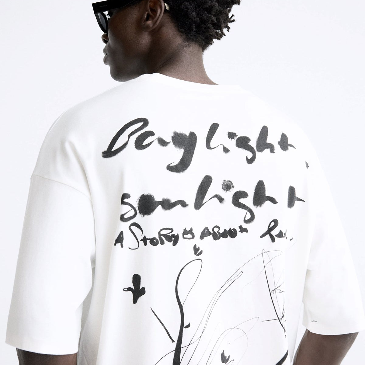 Bisiklet Yaka Bay Light Son Light Baskılı Beyaz Oversize Erkek T-shirt