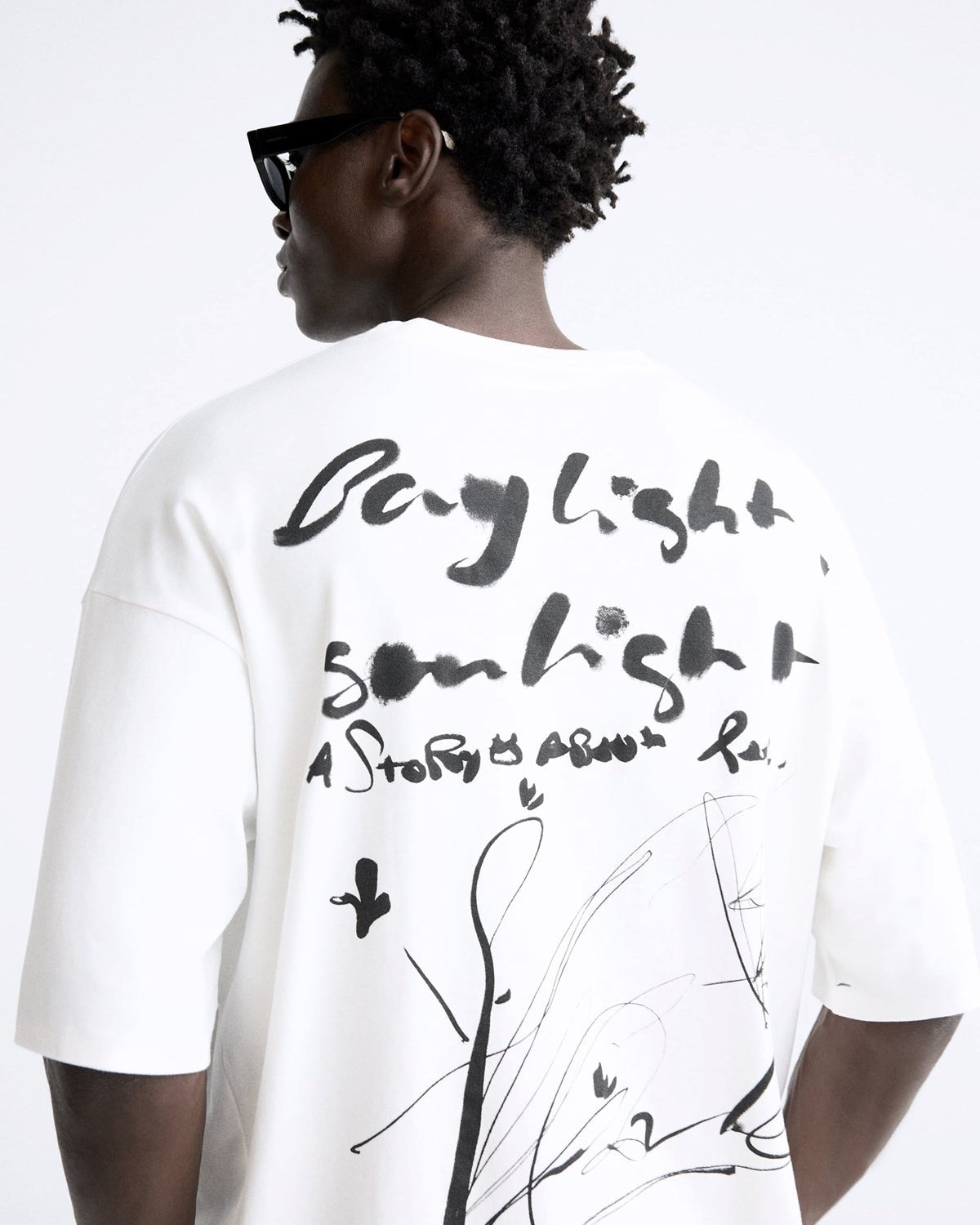 Bisiklet Yaka Bay Light Son Light Baskılı Beyaz Oversize Erkek T-shirt