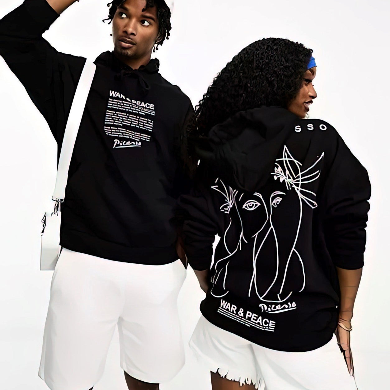 Kapüşonlu İçi Polar War & Peace Baskılı Siyah Unisex Hoodie Sweatshirt