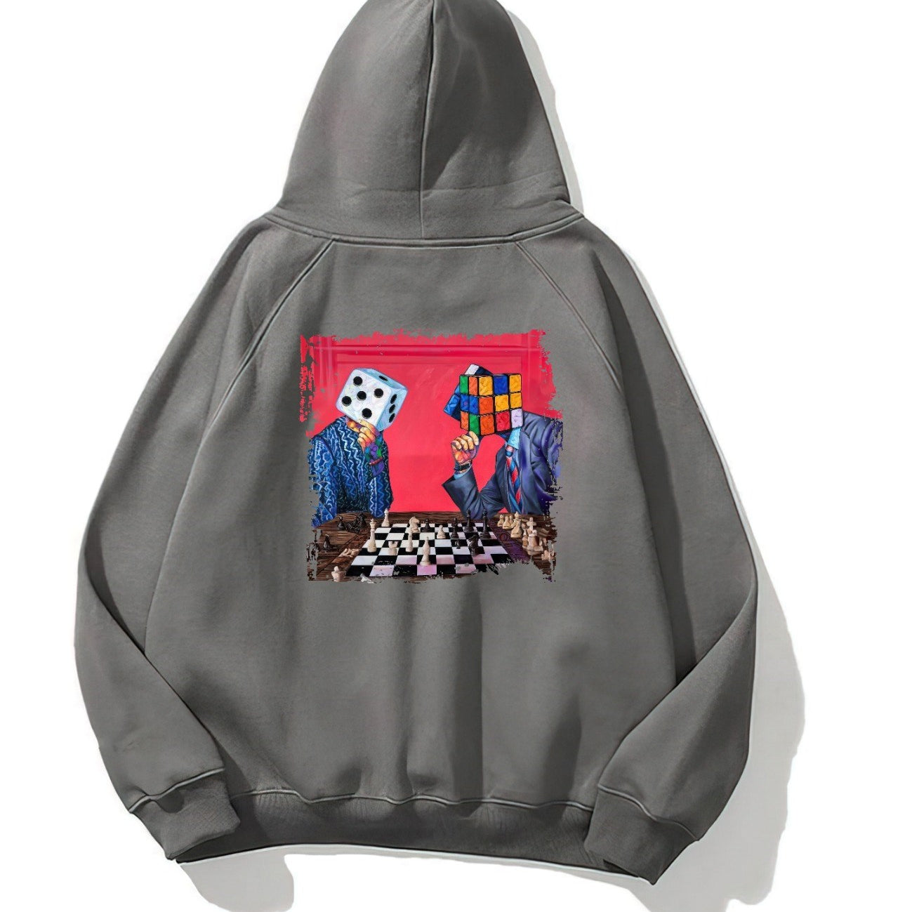 Kapüşonlu İçi Polar Satranç Baskılı Füme Unisex Oversize Hoodie Sweatshirt