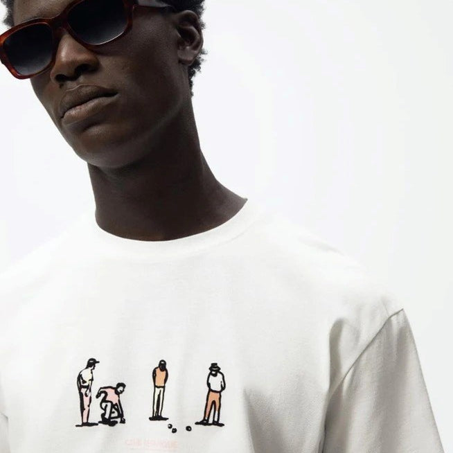 Bisiklet Yaka Club Petanque Baskılı Beyaz Oversize Erkek T-shirt