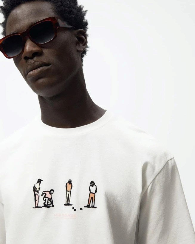 Bisiklet Yaka Club Petanque Baskılı Beyaz Oversize Erkek T-shirt