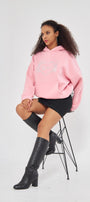 Amor Yazılı Taş Baskılı Kapüşonlu İçi Polar Oversize Pembe Sweatshirt