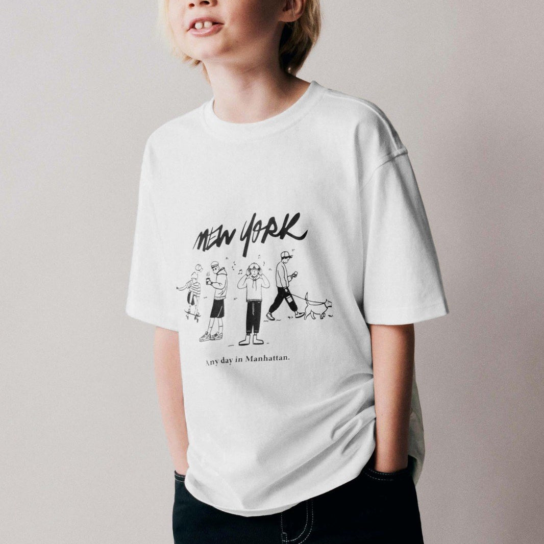 New York Any Day in Manhattan Yazılı Aktivite Tasarım Baskılı Beyaz Çocuk T-Shirt