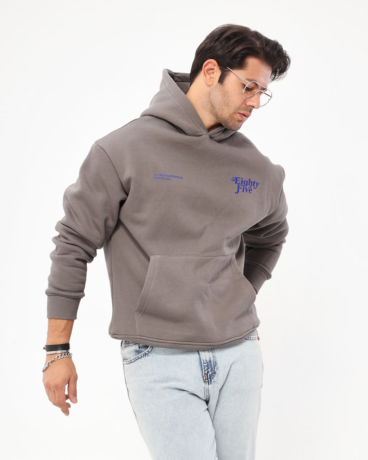 Kapüşonlu İçi Polar Eighty Five Yazı Baskılı Füme Hoodie Oversize Sweatshirt