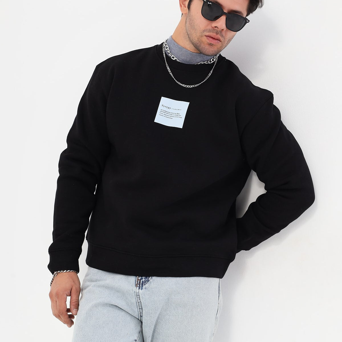 Bisiklet Yaka İçi Polar Syzygy Yazı Baskılı Siyah Oversize Sweatshirt