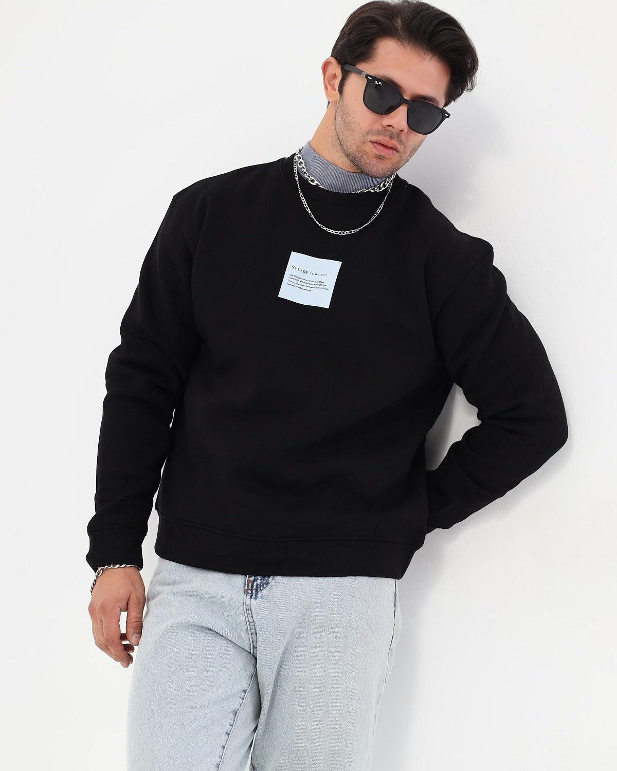 Bisiklet Yaka İçi Polar Syzygy Yazı Baskılı Siyah Oversize Sweatshirt