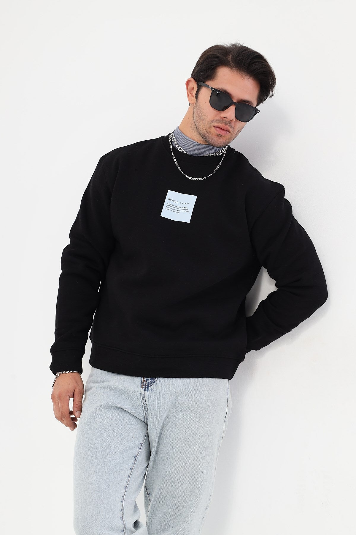 Bisiklet Yaka İçi Polar Syzygy Yazı Baskılı Siyah Oversize Sweatshirt