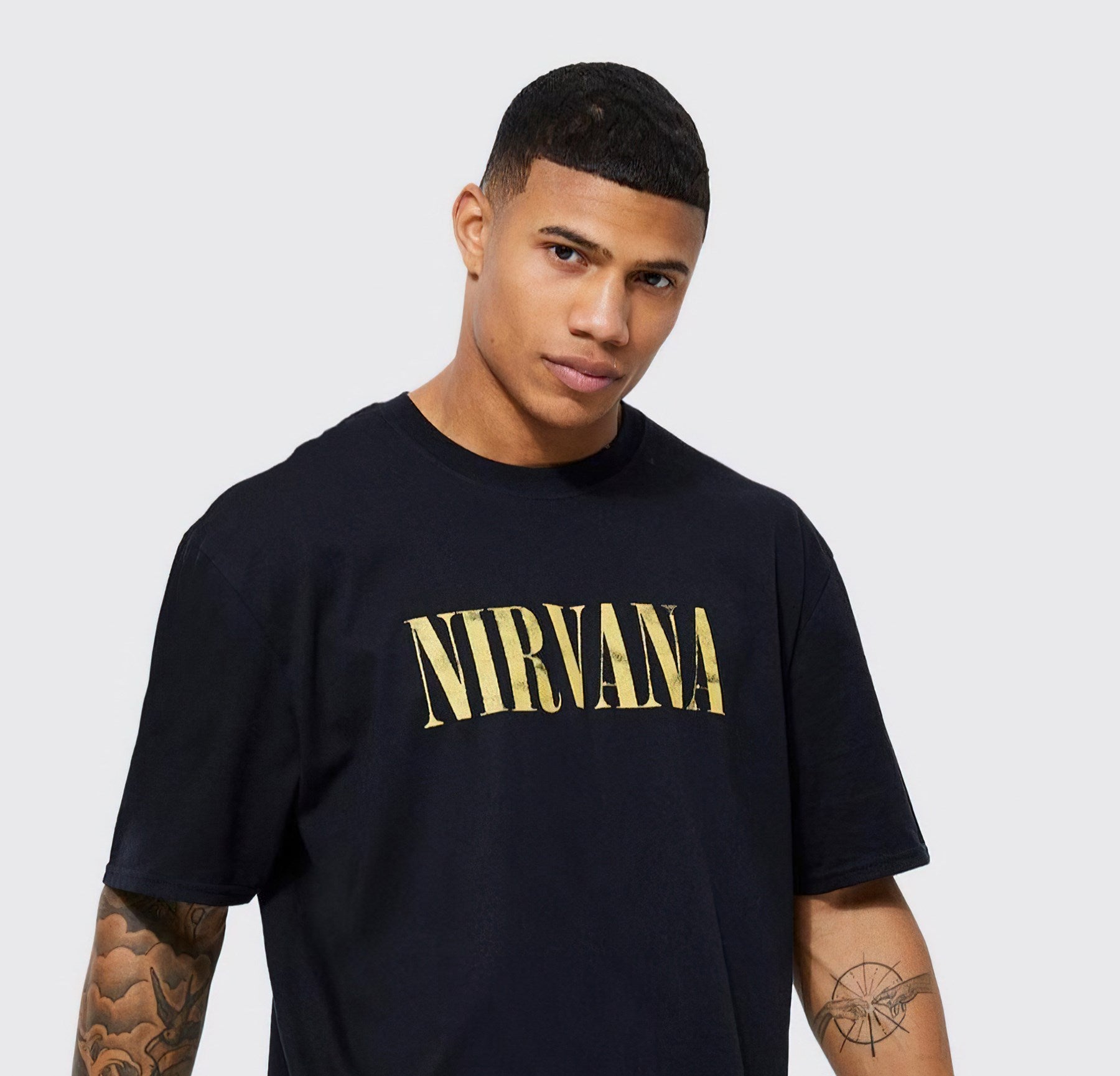 Bisiklet Yaka Nirvana Baskılı Siyah Oversize Erkek T-shirt