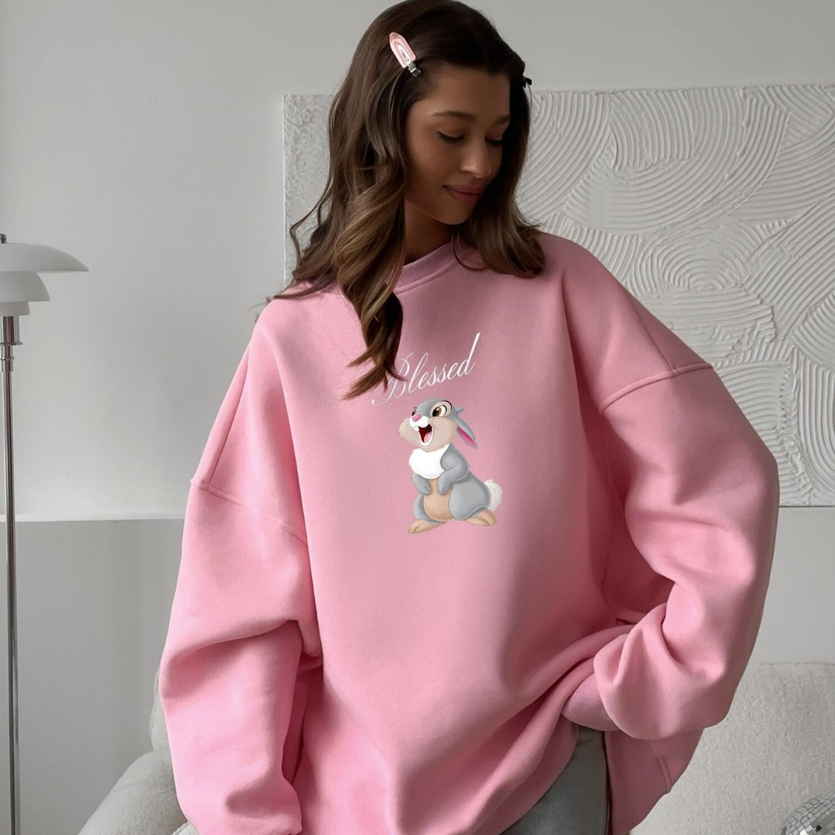 Kadın Oversize Sweatshirt Elbise Blessed Bunny Baskılı Pembe – Bisiklet Yaka, 3 İplik Şardonlu Polar