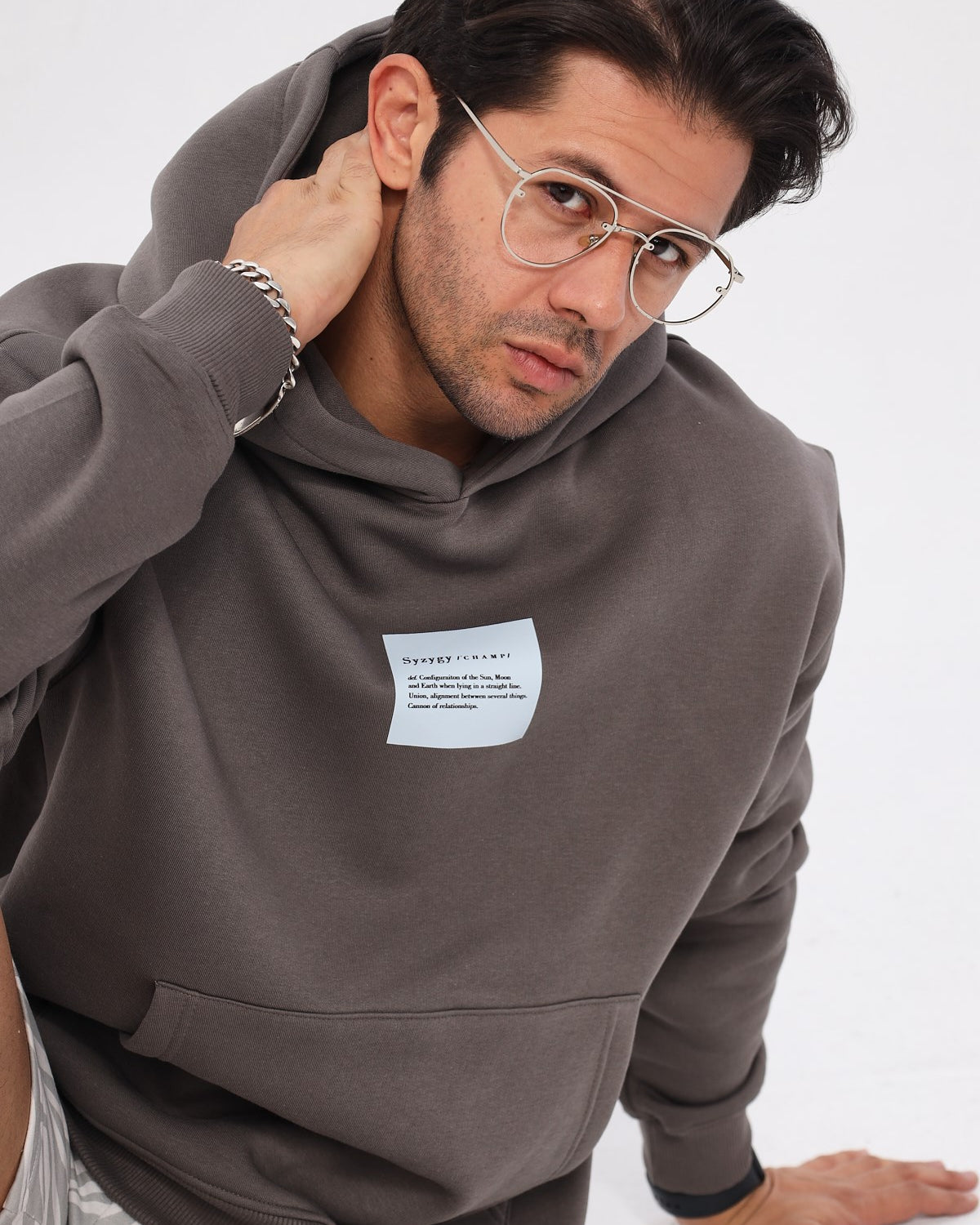Kapüşonlu İçi Polar Syzygy Yazı Baskılı Füme Oversize Hoodie Sweatshirt