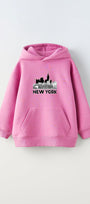 Kapüşonlu İçi Polar New York Yazı Baskılı Pembe Unisex Çocuk Hoodie Sweatshirt