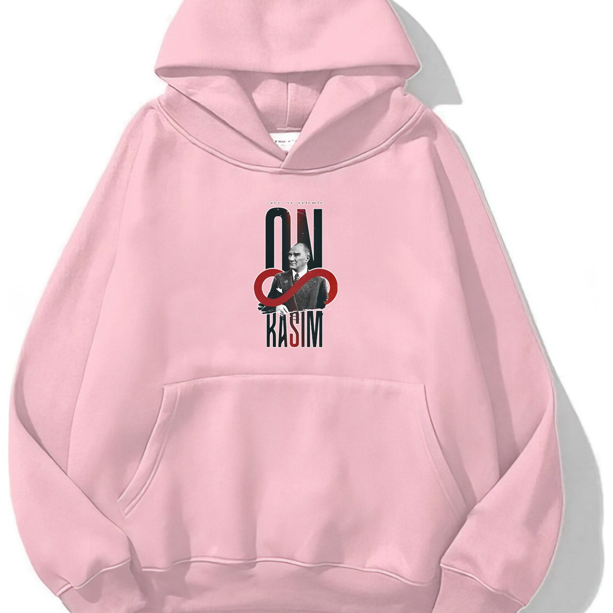 Kapüşonlu İçi Polar Kemal Atatürk 10 Kasım Baskılı Pembe Unisex Hoodie Sweatshirt