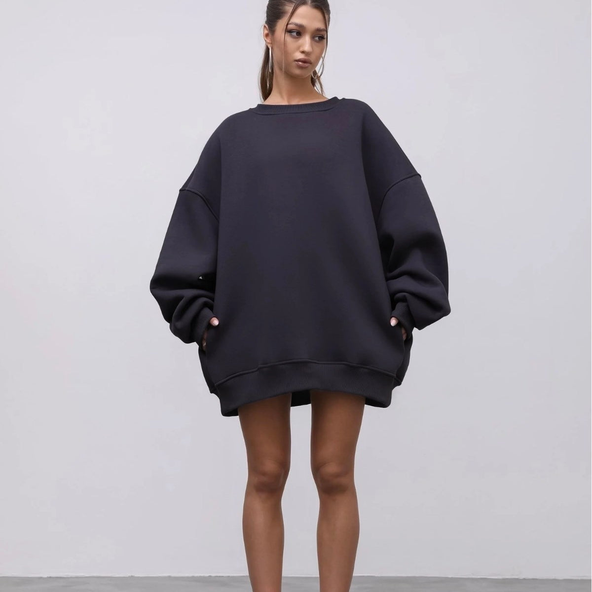 Kadın Oversize Sweatshirt Elbise Basic Füme – Bisiklet Yaka, 3 İplik Şardonlu Polar
