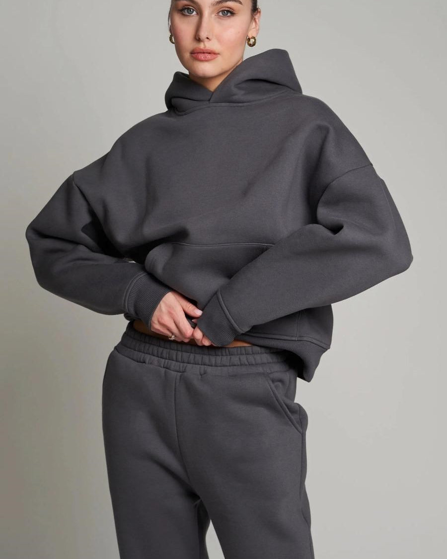 Füme Kapüşonlu Basic Bel Lastikli Boru Paça Cepli Oversize Eşofman Takımı