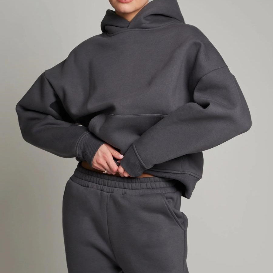 Füme Kapüşonlu Basic Bel Lastikli Boru Paça Cepli Oversize Eşofman Takımı