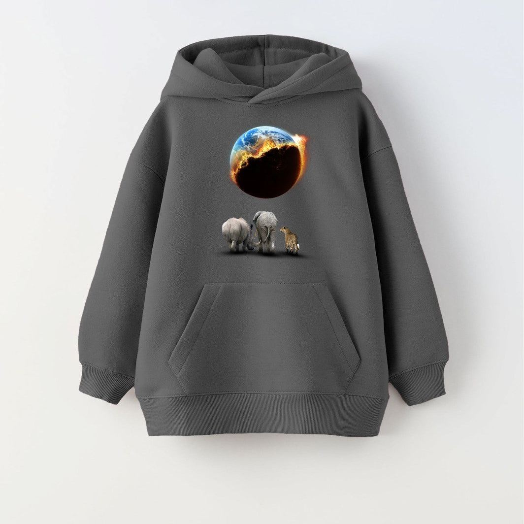 Füme Kapüşonlu İçi Polar Burning World And Animals Baskılı Unisex Çocuk Sweatshirt