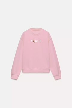Vogue Yazı Baskılı Bisiklet Yaka İçi Polar Oversize Kesim Unisex Pembe Sweatshirt