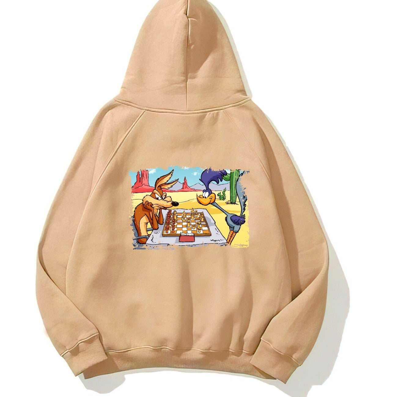 Kapüşonlu İçi Polar Satranç Cartoon Baskılı Bej Unisex Oversize Hoodie Sweatshirt