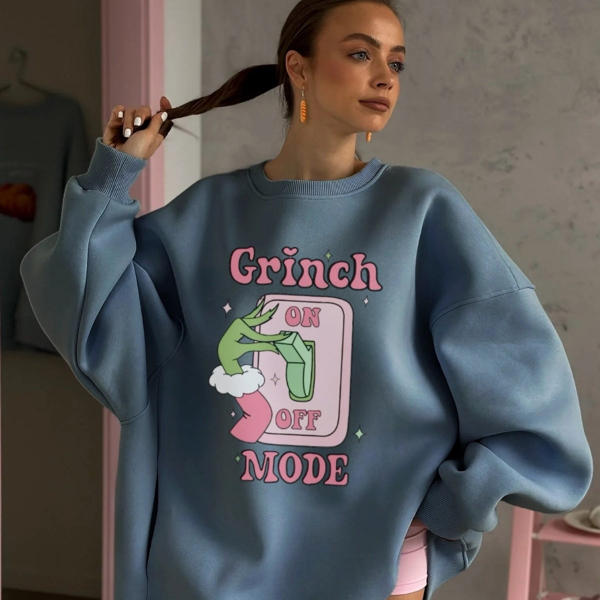 Kadın Oversize Sweatshirt Elbise Grinch Mode Baskılı Marine – Bisiklet Yaka, 3 İplik Şardonlu Polar