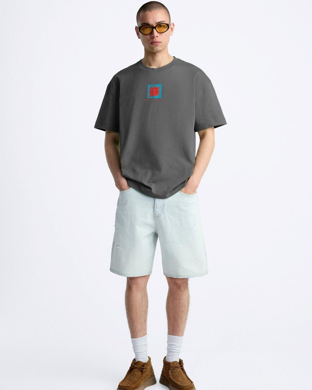 Bisiklet Yaka Afraid Of Real World Baskılı Füme Oversize Erkek T-shirt