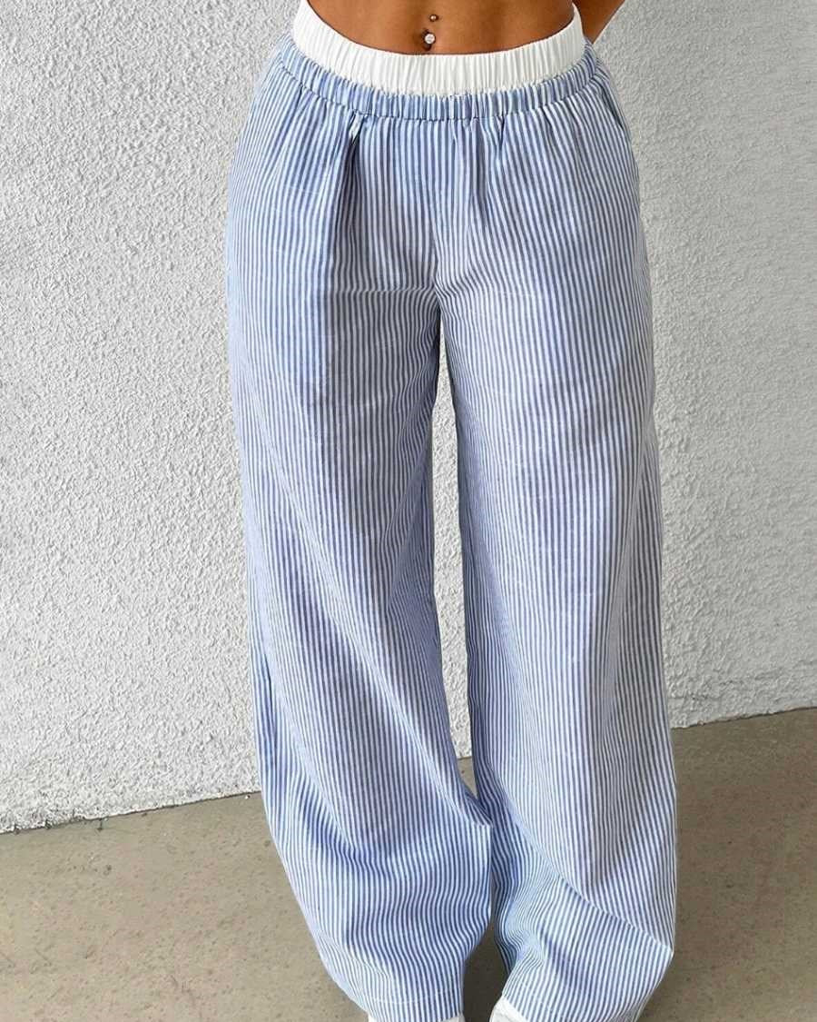 Kadın Mavi Çizgili Poplin Dokuma Pantolon – Yüksek Bel Lastikli Bol Paça Rahat Model