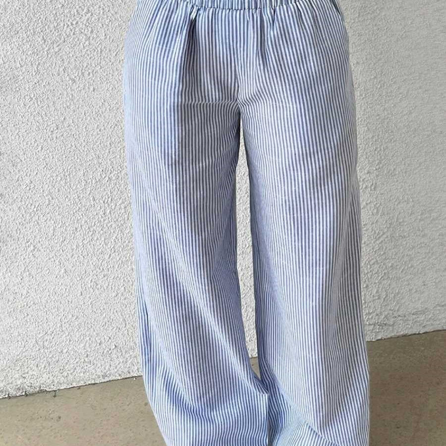 Kadın Mavi Çizgili Poplin Dokuma Pantolon – Yüksek Bel Lastikli Bol Paça Rahat Model