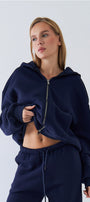 Kadın Oversize Zip Hoodie Lacivert – Fermuarlı, Kapüşonlu, Kangru Cep,  3 İplik Şardonlu Polar