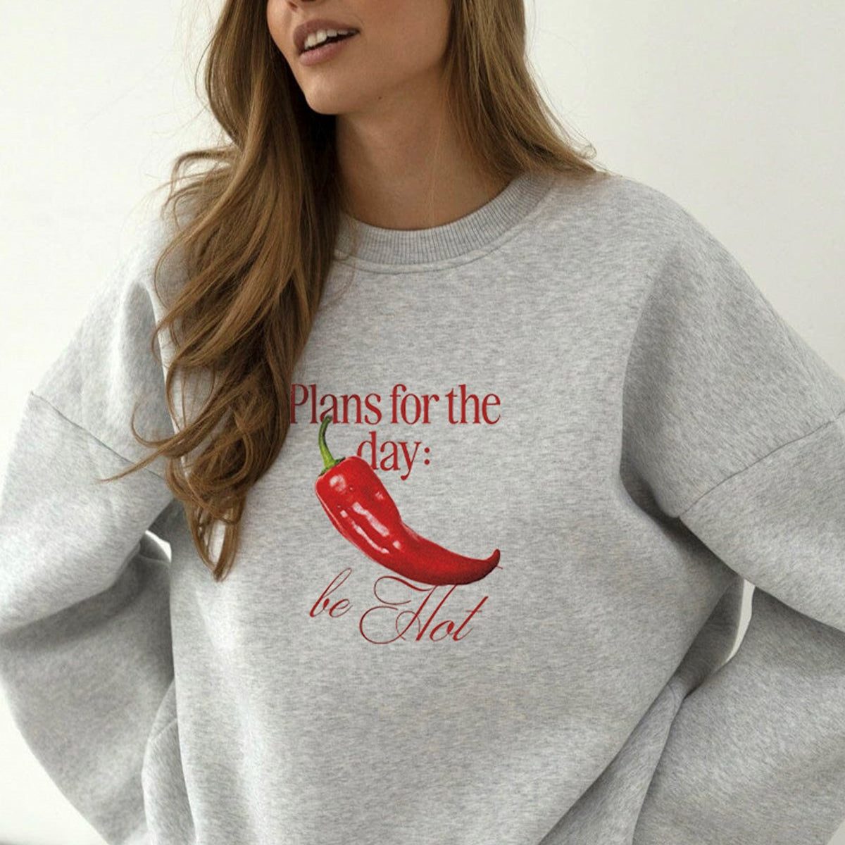 Kadın Oversize Sweatshirt Be Hot Baskılı Gri – Bisiklet Yaka, 3 İplik Şardonlu Polar