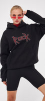 Kapüşonlu İçi Polar Rock Yazılı Taş Baskılı Siyah Oversize Hoodie Sweatshirt